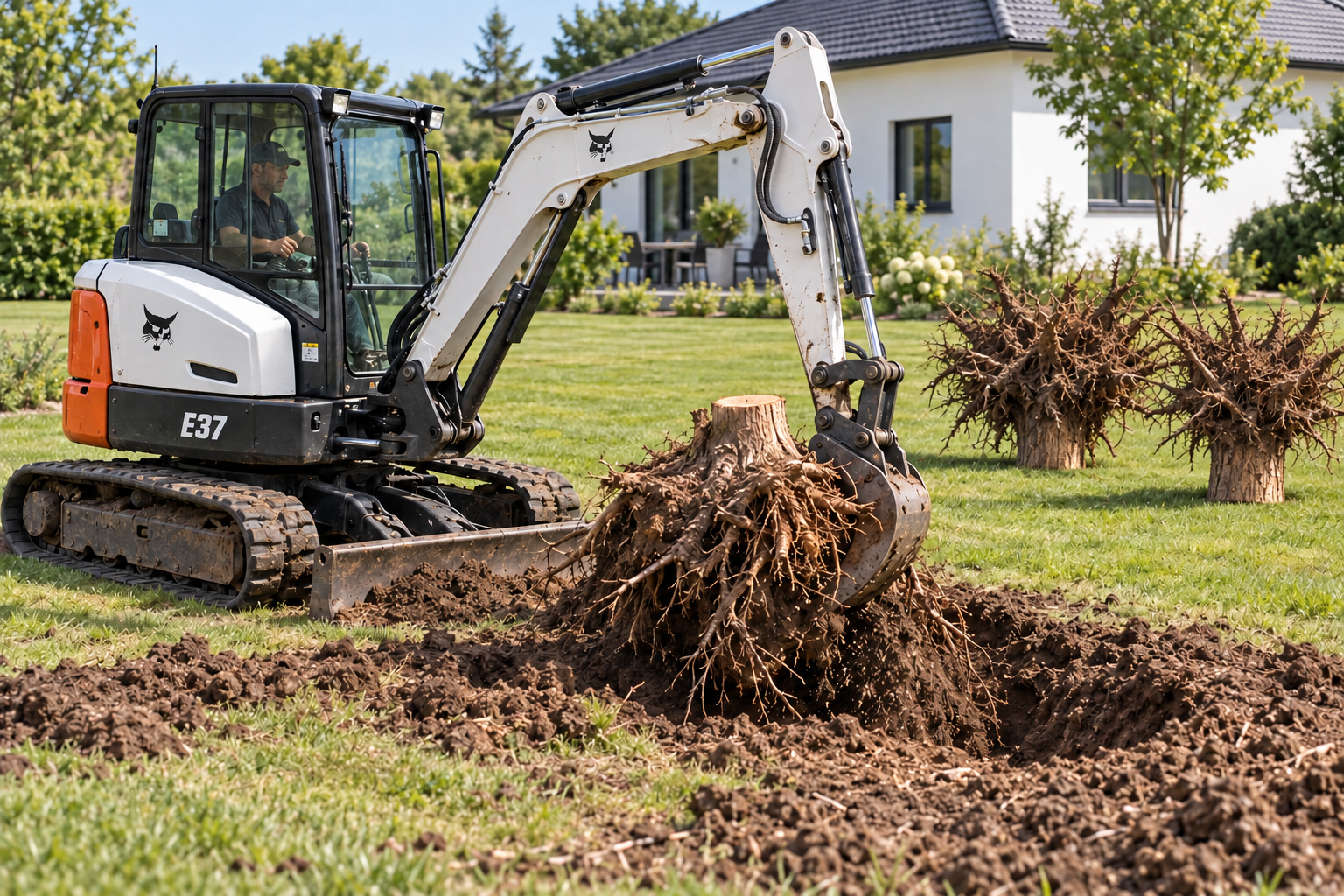 Imagem ilustrativa de miniescavadeira Bobcat E37 com concha sob as raízes retirando um tronco serrado, dois troncos invertidos no gramado e casa branca ao fundo